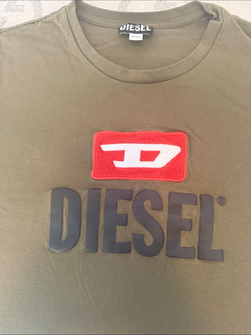 Diesel Olive Green Short Sleeve T-Shirt with Red Logo Patch